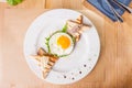 Top view Breakfast with fried eggs, toasts and meat pate on white plate on the served wooden table. Selective focus, copy space Royalty Free Stock Photo