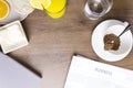 Top view of breakfast table.Concept of business breakfast.Empty space for your design.