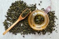 Top view brewing green tea in a glass teapot.