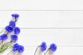 Top view of bright blue flowers on a textured white wooden background. Floral flatlay