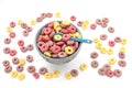 Top view of bright colorful breakfast cereal in bowl with spoon Royalty Free Stock Photo