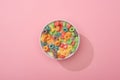 Top view of bright colorful breakfast cereal in bowl Royalty Free Stock Photo