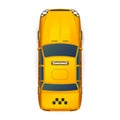 Top view of bright yellow realistic taxi car on white