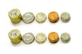 Top view of British currency coins as vertical and stack isolate on white background