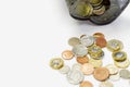 Top view of British currency coins open from the piggy bank laid out scattered on right with copy space for texts