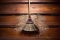 top view of a broom sweeping wooden floor with dust Royalty Free Stock Photo