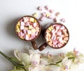 Top view of brown cups of hot cocoa with marshmallows in heart shape on white background Royalty Free Stock Photo