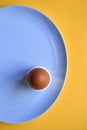 Top VIew of Brown Egg in Cup on Blue Plate Royalty Free Stock Photo