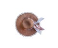 Top view brown straw hat weaving pattern decorative with fabric isolated on white background , clipping path Royalty Free Stock Photo