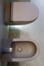 Top view of brown toilet and bidet. Modern wc interior. Gray floor and wall of the bathroom. Bottom light. Home interior design