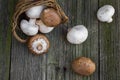 Top View on a Brown and White Champignon Mushrooms in Wicker Basket