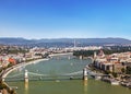 Top view of Budapest, Parliament, Danube river, bridges.