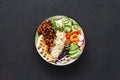 Top view buddha bowl Clean balanced healthy food concept Chicken