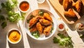 Top view buffalo wings in white plate, chicken, American food, kitchen background