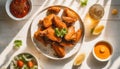 Top view buffalo wings in white plate, chicken, American food on the table