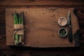 Top view of a bunch of asparagus tied in bow