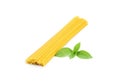 Top view of a bunch of bucatini or perciatelli - pasta, spaghetti with fresh green basil. isolated on a white background