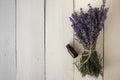 Top view bunch of fragrant lavender flowers on a white vintage table Royalty Free Stock Photo