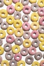 Top view of a bunch of multicolored round cereals