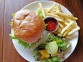 Top view of the Burger lying on a plate with a side dish of French fries and fresh salad Royalty Free Stock Photo