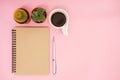 Top view business background workspace with coffee, cactus, pen