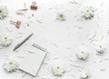 Top view of business desk table with flower,and mock up accessories Royalty Free Stock Photo