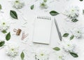 Top view of business desk table with flower,and mock up accessories