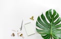 Top view of business desk table with monstera leaves and mock up accessories