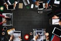 Top view of business Group of Multiethnic Busy People meeting with other in modern office with laptop computer, smartphone, tablet Royalty Free Stock Photo