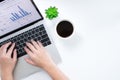 The top view of the business hand is analyzing the graph on a laptop computer screen on a modern white desk. With a flat copy area Royalty Free Stock Photo