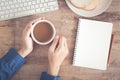 Top view of business hand desk have coffee, toast, notebook blank and pencil on