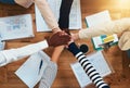 Top view, business and hands with teamwork, huddle and collaboration with documents, partnership and meeting. Closeup Royalty Free Stock Photo