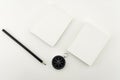 Top view business objects of white paper,pencil,and compass on paper work isolated on white background Flat lay composition Royalty Free Stock Photo