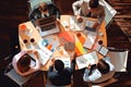 Top view of business people sitting and discussing at meeting table in office, Business people working in office, top view, AI Royalty Free Stock Photo