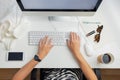 Top view of business woman in minimalistic office. Office life f Royalty Free Stock Photo