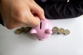 Top view business woman putting coin into Pink piggy bank with coins pile, step up growing business to success and saving Royalty Free Stock Photo