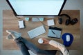 top view of business working desk - Graphic designer take a coffee break . Royalty Free Stock Photo