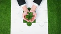 Top view businessman holding sprout over jigsaw puzzle. Gyre Royalty Free Stock Photo