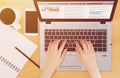 Top view  Businessman reading news on laptop at office desk Royalty Free Stock Photo