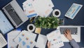 Top view of businesswoman typing financial accounting expertise on laptop