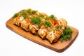 Top View, Cabbage Rolls On A Wooden Boardon White Background