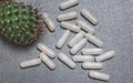 Top view of a cactus and white capsules or medicines on gray background Royalty Free Stock Photo