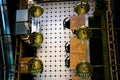 Top view of the cafe with chairs, tables and bronze lamps