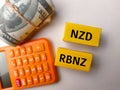 Top view calculator and banknotes with text NZD RBNZ