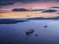 Top view of the caldera at sunset near the town of Fira. Santorini Island