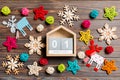 Top view of calendar on Christmas wooden background. The first of January. New Year toys and decorations. Holiday concept