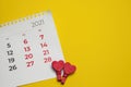 Top view calendar for February 14 Valentine\'s day 2021