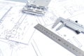 Top view of a caliper measuring tool, ruler and detail drawings.Engineering drawings, metal detail Royalty Free Stock Photo