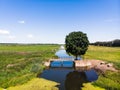 Top view of the canal, field and tree Royalty Free Stock Photo