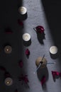 Top view of candles, incense and decorative flowers on the grey surface.Concept of spa relaxation treatments